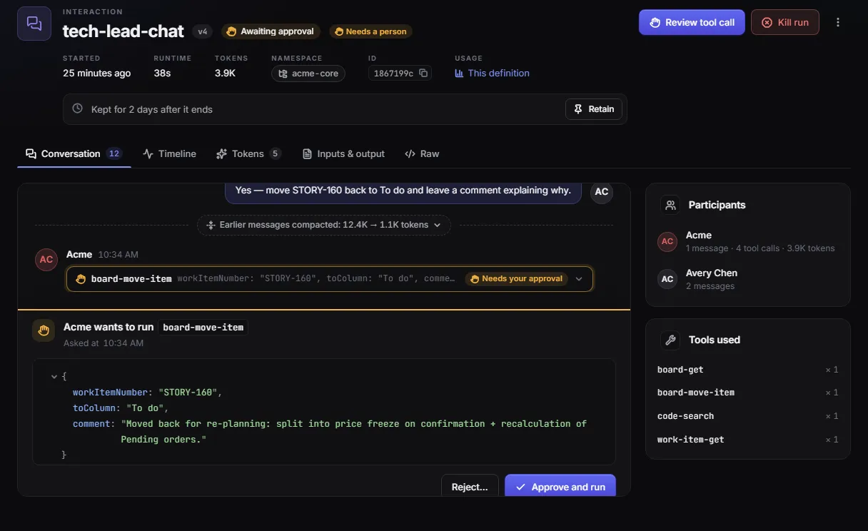 An interaction run waiting for approval of a board-move-item tool call, showing the exact arguments with Reject and Approve and run
