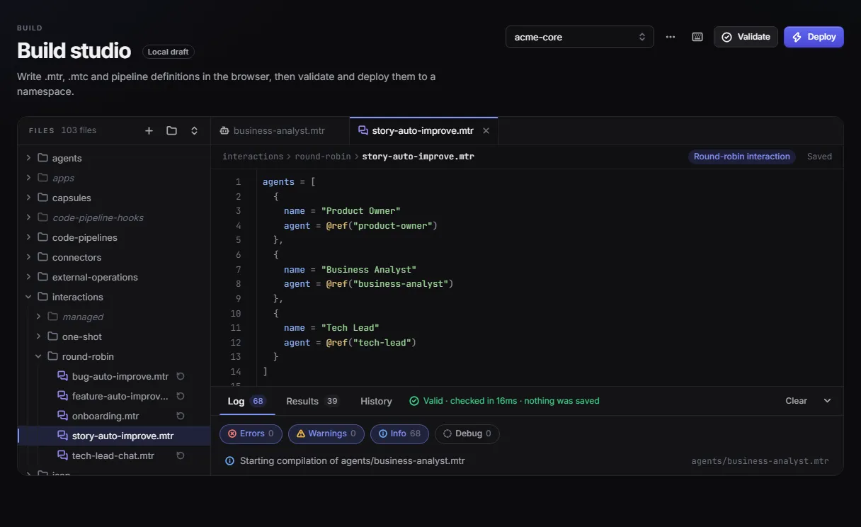 The Build studio with a 103-file project open, a round-robin interaction in the editor and a valid build